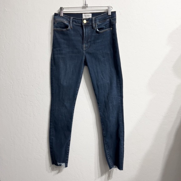 Frame Le High Skinny Raw Hem Denim Jeans 27 Dark Wash Stretch - Picture 1 of 7